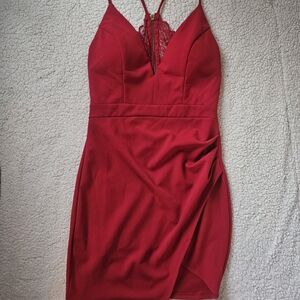 Emerald Sundae Asymmetrical Red Dress with Lace Detail